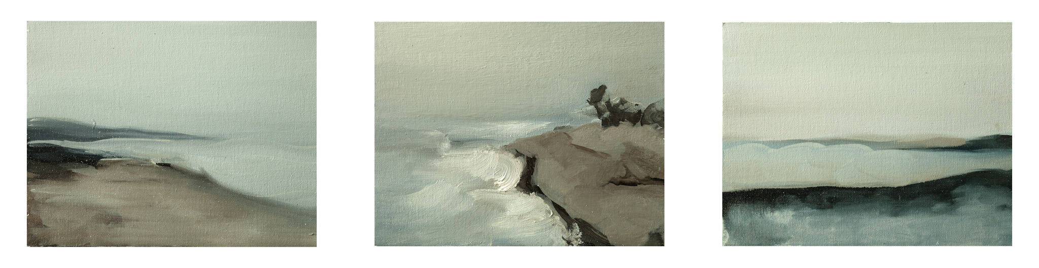 Escapes, tríptico, 2015, óleo sobre lienzo, 18,5 × 72 cm