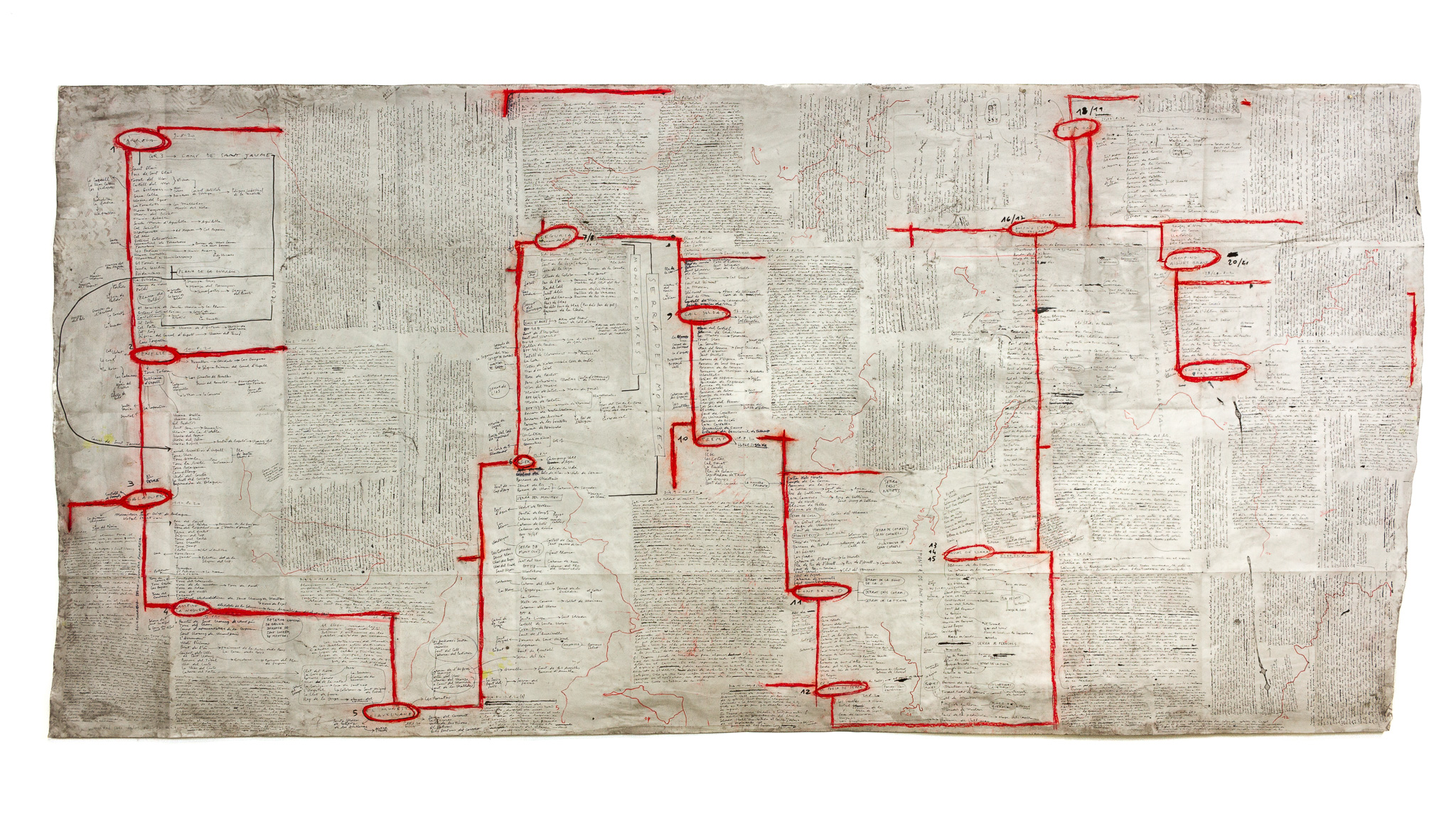 Mapa de viaje I (Grand Tour 2020), 2020, técnica mixta sobre papel, 150 × 300 cm