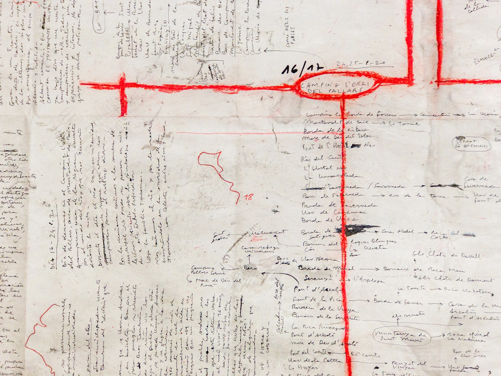 Mapa de viaje I (Grand Tour 2020), 2020, técnica mixta sobre papel, 150 × 300 cm