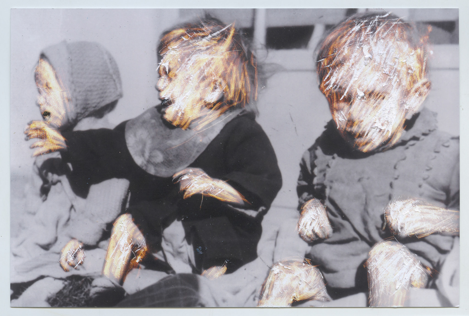 Children, 2015, scratched photograph, 10 × 15 cm. Based on an image found on the Internet from “Archives Municipales d’Elne Pyrénées Orientales - France”