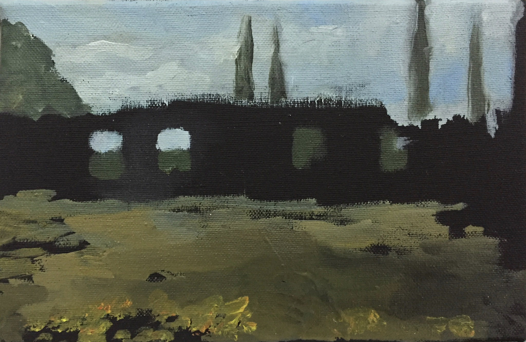 Rivesaltes: The ruins and the shadow III, 2015, oil on canvas, 14 × 22 cm